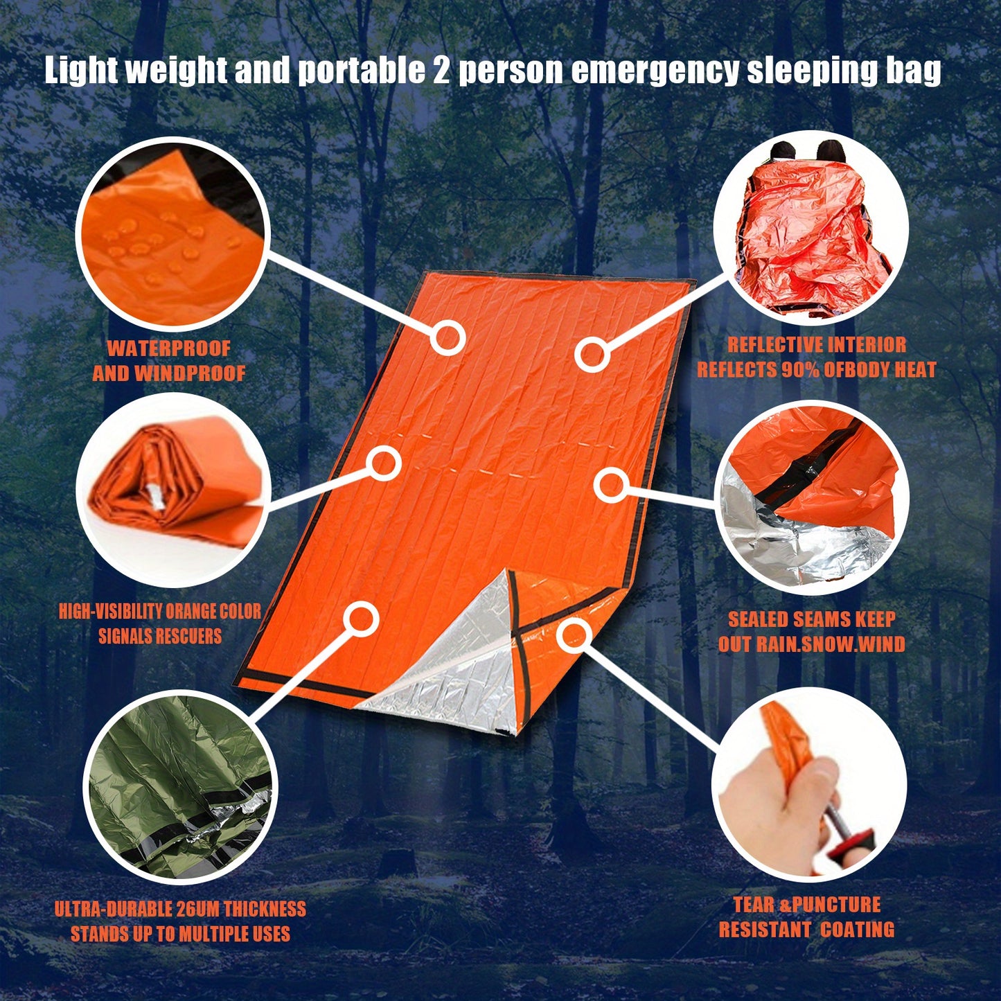 Portable Lightweight Emergency Sleeping Bag, Blanket, Tent - Thermal Bivy Sack - Windproof And Waterproof Blanket For Survival